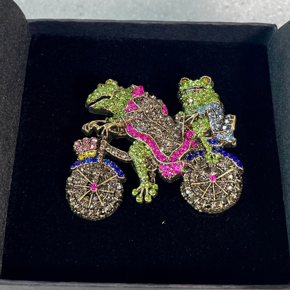 Frog on Motorcycle Rhinestone Brooch Antiqued Gold Tone Multi Color Crystal Pin